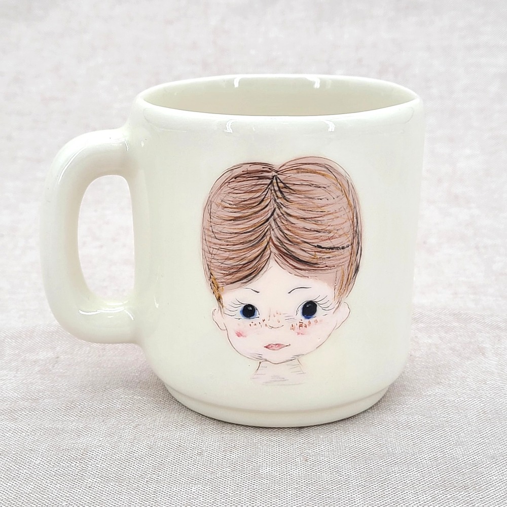 Vintage Mug with Hand Painted Young Boy Portrait Brown Hair, Freckles Blue Eyes